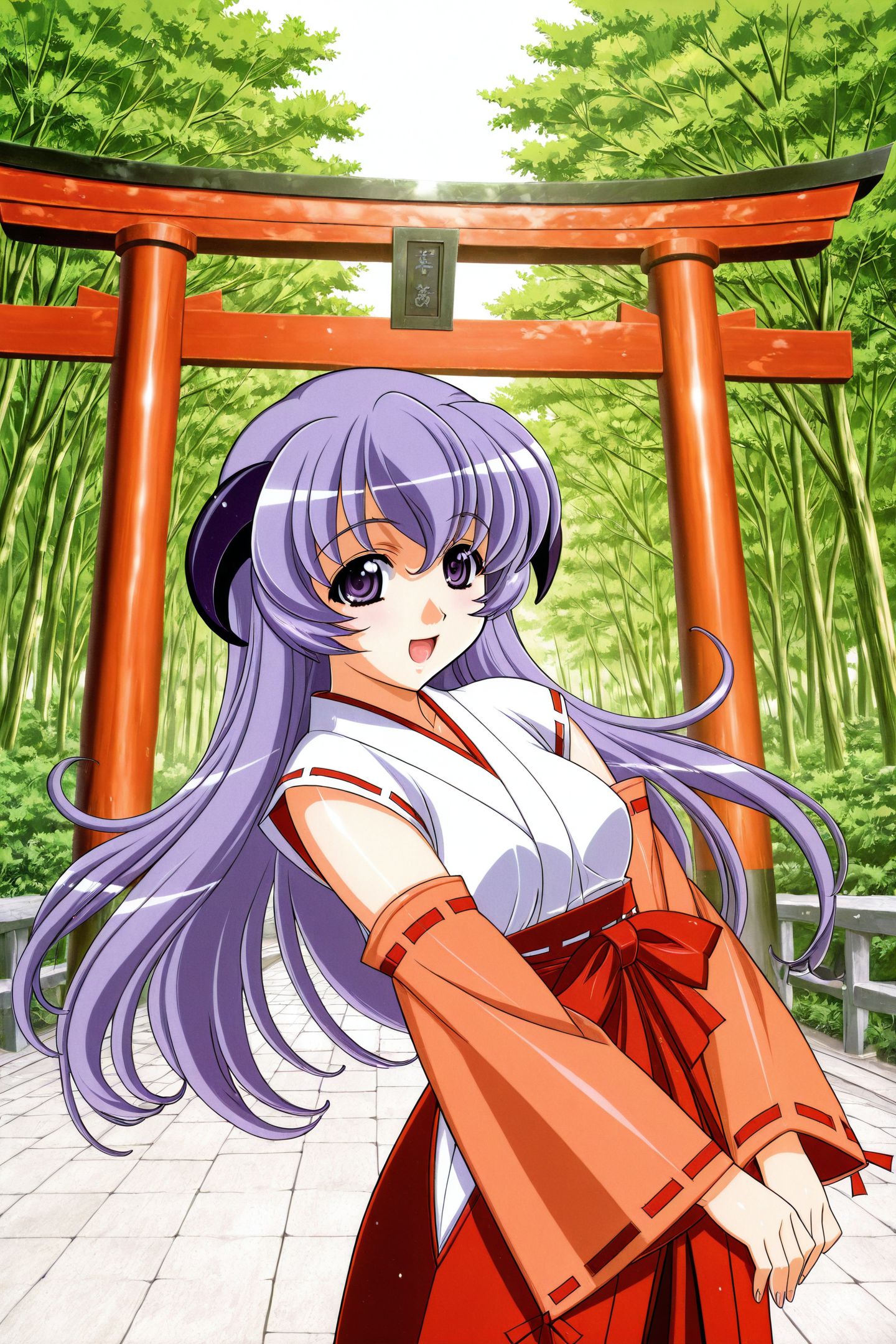 46170-1421879230-Kuroda Kazuya Style,1girl,hanyuu,solo,horns,japanese clothes,hakama,skirt,long hair,hakama skirt,red hakama,purple eyes,purple h.jpg